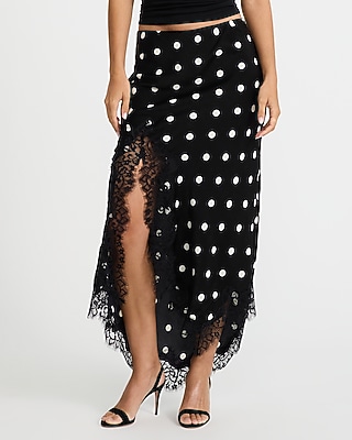 Polka Dot Satin Lace Trim High Waisted Maxi Skirt
