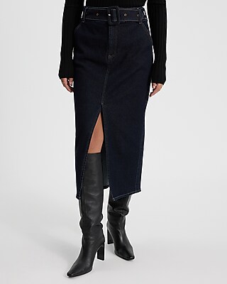 Super High Waisted Dark Wash Belted Midi Hyper Sculpt Denim Skirt