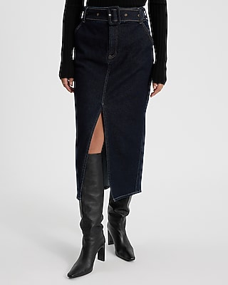 Super High Waisted Dark Wash Belted Midi Hyper Sculpt Denim Skirt