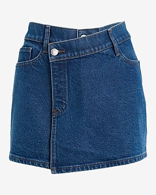 High Waisted Medium Wash Wrap Mini Denim Skort