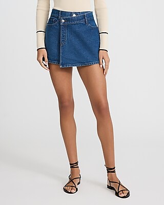 High Waisted Medium Wash Wrap Mini Denim Skort
