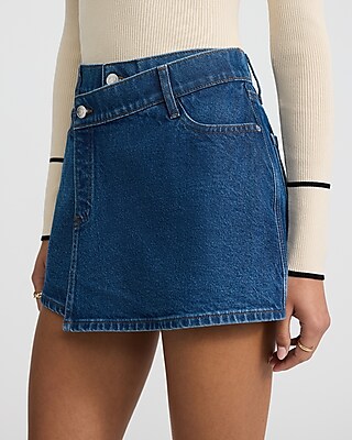 High Waisted Medium Wash Wrap Mini Denim Skort