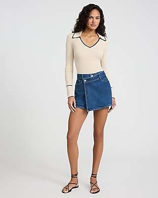 High Waisted Medium Wash Wrap Mini Denim Skort