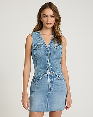 High Waisted Medium Wash Raw Hem Mini Denim Skirt