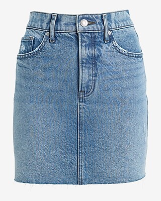 High Waisted Medium Wash Raw Hem Mini Denim Skirt