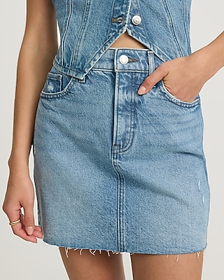High Waisted Medium Wash Raw Hem Mini Denim Skirt