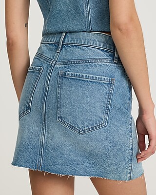 High Waisted Medium Wash Raw Hem Mini Denim Skirt
