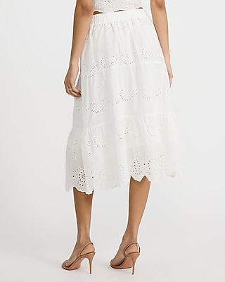 Cotton Eyelet Tiered Pull On Midi Skirt