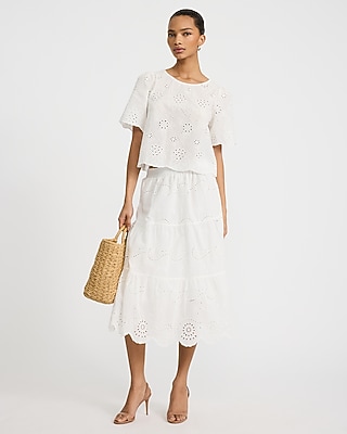 Cotton Eyelet Tiered Pull On Midi Skirt