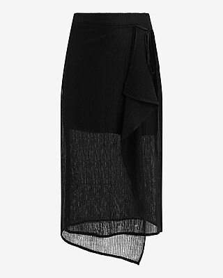 High Waisted Textured Mesh Asymmetrical Wrap Midi Skirt