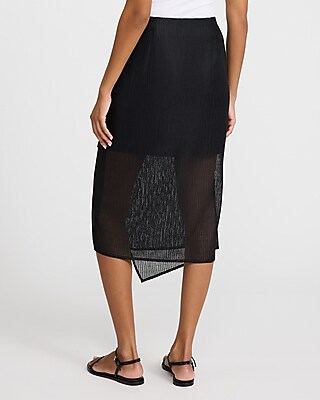 High Waisted Textured Mesh Asymmetrical Wrap Midi Skirt