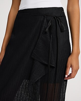 High Waisted Textured Mesh Asymmetrical Wrap Midi Skirt