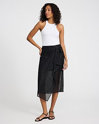 High Waisted Textured Mesh Asymmetrical Wrap Midi Skirt