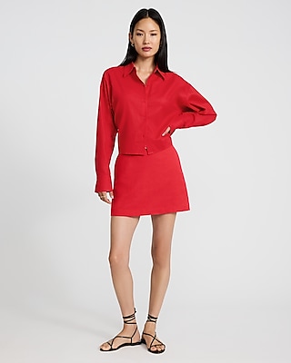 Linen-Blend High Waisted Belted Mini Skirt