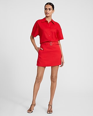 Linen-Blend High Waisted Belted Mini Skirt