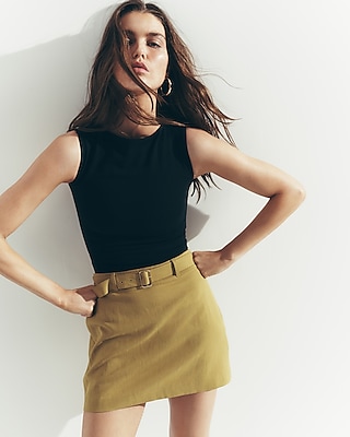 Linen-blend High Waisted Belted Mini Skirt