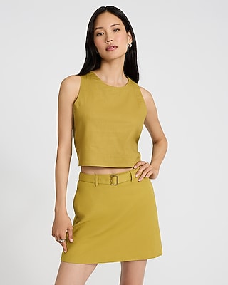Linen-Blend High Waisted Belted Mini Skirt