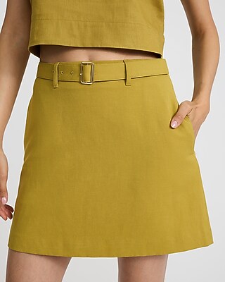 Linen-Blend High Waisted Belted Mini Skirt