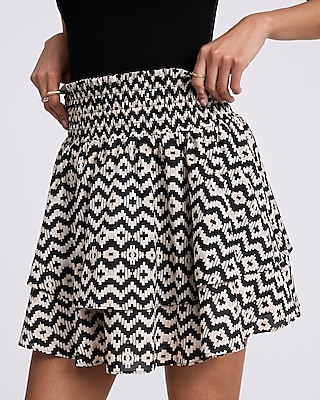 High Waisted Printed Smocked Waist Tiered Mini Skirt
