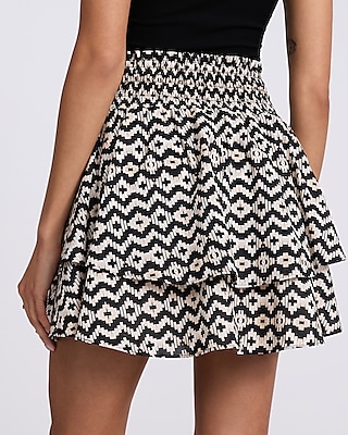 High Waisted Printed Smocked Waist Tiered Mini Skirt