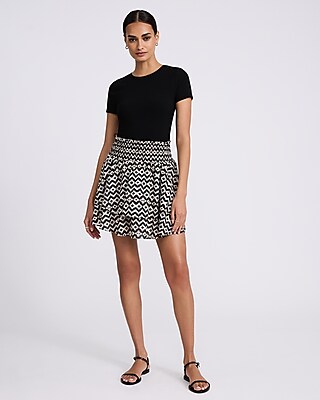 High Waisted Printed Smocked Waist Tiered Mini Skirt