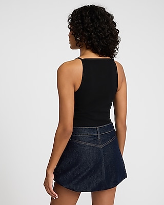 Mid Rise Dark Wash Rinse Micro Mini Bubble Skirt