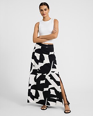High Waisted Printed Poplin Maxi Skirt