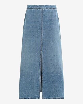 High Waisted Light Wash Front Slit Maxi Denim Skirt