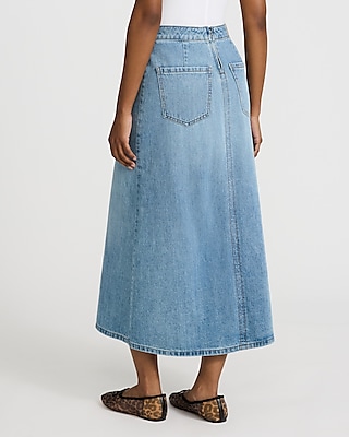 High Waisted Light Wash Front Slit Maxi Denim Skirt
