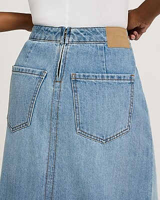 High Waisted Light Wash Front Slit Maxi Denim Skirt