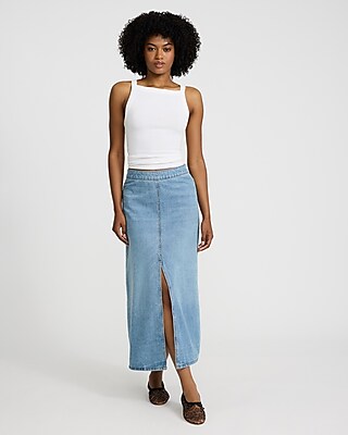 High Waisted Light Wash Front Slit Maxi Denim Skirt