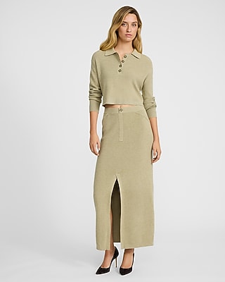 High Waisted Front Slit Maxi Sweater Skirt