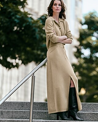 High Waisted Front Slit Maxi Sweater Skirt