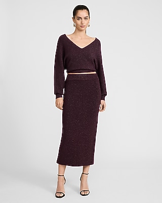 Metallic High Waisted Midi Sweater Skirt