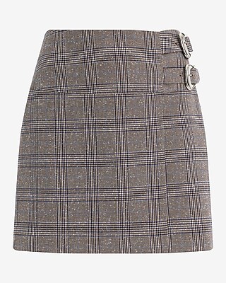 High Waisted Plaid Buckle Wrap Mini Skirt