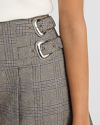 High Waisted Plaid Buckle Wrap Mini Skirt