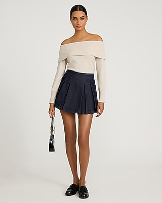 High Waisted Denim Pleated Mini Skort