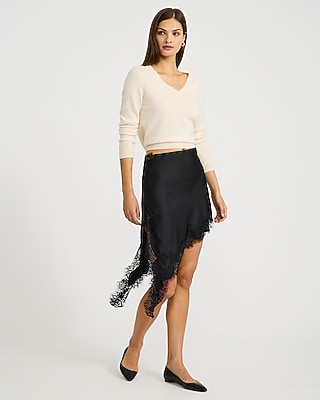 Lace Trim Satin Asymmetrical Pull On Mini Skirt