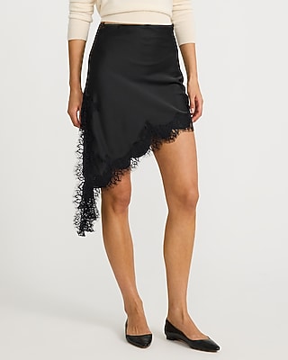 Lace Trim Satin Asymmetrical Pull On Mini Skirt