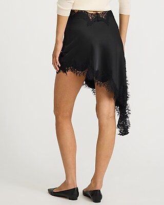 Lace Trim Satin Asymmetrical Pull On Mini Skirt