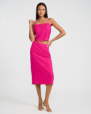 Textured High Waisted Pull On Midi Skirt