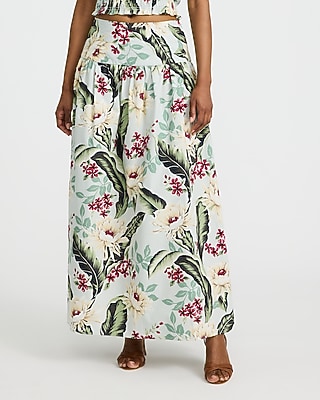 Cotton Poplin Floral High Waisted Side Slit Maxi Skirt