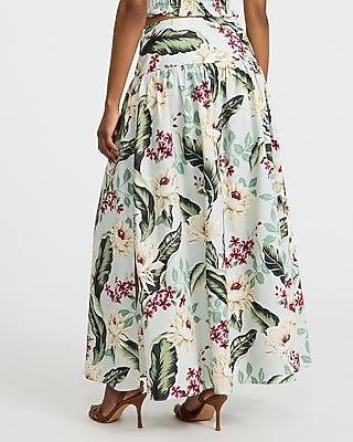 Cotton Poplin Floral High Waisted Side Slit Maxi Skirt