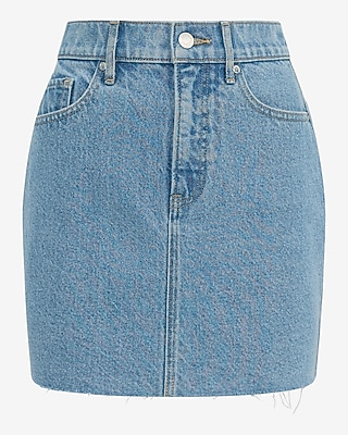 High Waisted Light Wash Raw Hem Denim Mini Skirt