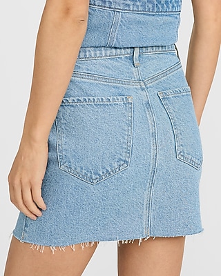 High Waisted Light Wash Raw Hem Denim Mini Skirt