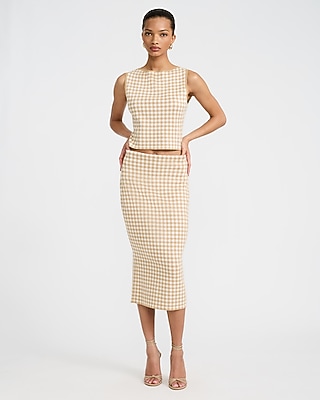 Gingham High Waisted Fitted Sweater Midi Skirt