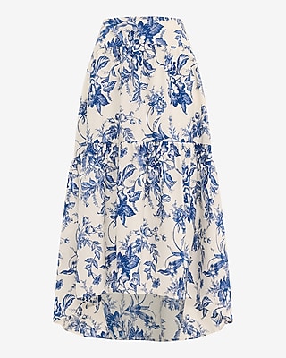 Cotton Poplin Floral High Waisted High-Low Tiered Midi Skirt