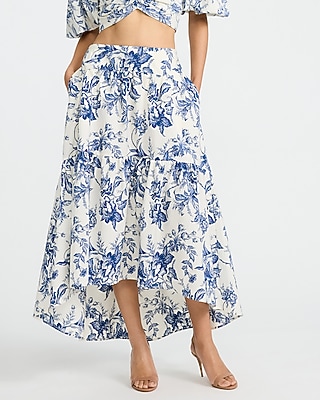 Cotton Poplin Floral High Waisted High-Low Tiered Midi Skirt
