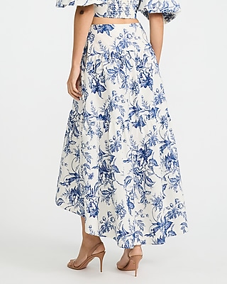 Cotton Poplin Floral High Waisted High-Low Tiered Midi Skirt