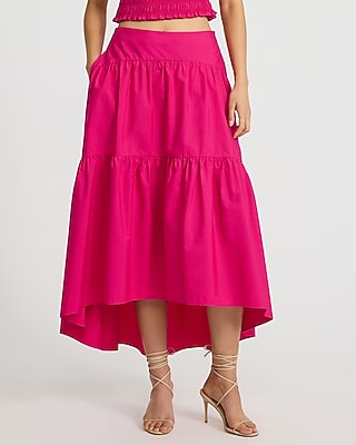 Cotton Poplin High Waisted Tiered High-Low Midi Skirt